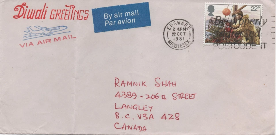 Diwali Greetings Air Mail letter 1981  Middlesex England to Canada Vintage - Image 1 of 1