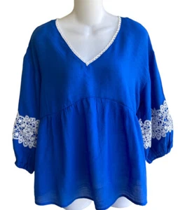 Unique Spectrum Damen Top Bluse klein blau Spitzenbesatz Viskose Empire-Taille neu mit Etikett - Bild 1 von 3