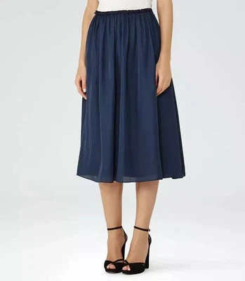Reiss Azul Marino Sedoso Flotante Cintura Alta Midi Falda Alissa 8 Foto 1 de 4