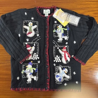 Quacker Factory Cardigan L Black Red Trim Snowman Embroidered Applique Vintage - Image 1 of 4