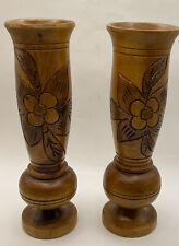 Vintage Wooden Hand Carved Vases with Floral Design Set Of 2