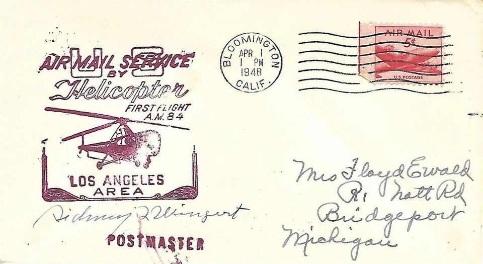 First Helicopter Airmail Flight Cover Bloomington CA April 1 1948 AAMC#84-47 - Image 1 of 1