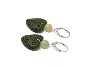 Orecchini cuori Pietra di Lava verde e Agata floreale striata, argento 925 - Foto 1 di 3
