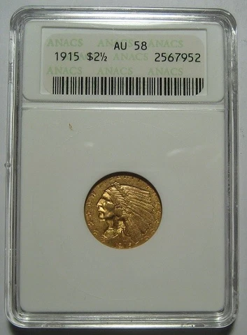 = 1915 ANACS AU58 $2.50 Indian Gold Piece, Small Old Holder, FREE Shipping Cover