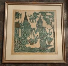Large Framed Thai Temple Rubbing on Rice Paper - Women Carrying Food - Vintage