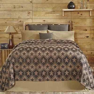 Jefferson Star Queen Chenille Woven Jacquard Coverlet Tan/Black Stars Bedspread - Picture 1 of 4