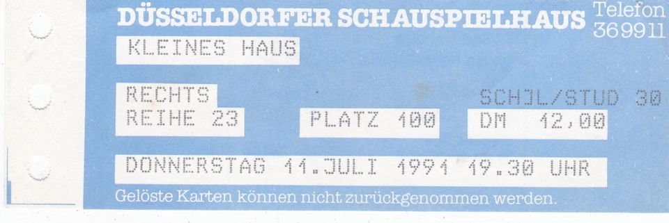 Eintrittskarte Düsseldorfer Schauspielhaus Kleines Haus 11.07.1991 - Bild 1 von 1