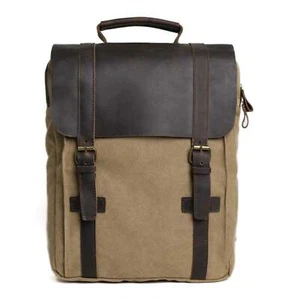 Waxed Canvas and Leather Double Strap Backpack - Khaki - Picture 1 of 5