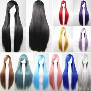 New 80cm Straight Sleek Long Full Hair Wigs w Side Bangs Cosplay Costume Womens - Picture 1 of 22