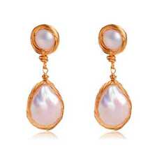 Fashion natural white teardrop freshwater Pearl twine gold ear stud FOOL'S DAY