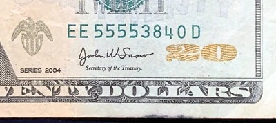 $20 Dollar Bill 2004 Circulated Fun QUAD Five Serial Number EE 5555 3840 D - Image 1 of 3