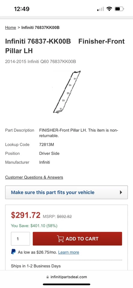 Infiniti Q60 2014-2015 - 76837-KK00B acabado - pilar delantero derecho blanco Foto 1 de 4