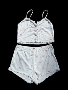 2-teiliges Shorts Coquette Mädchen Pyjama Set weiß und rosa Rosen Damen L " - Bild 1 von 5