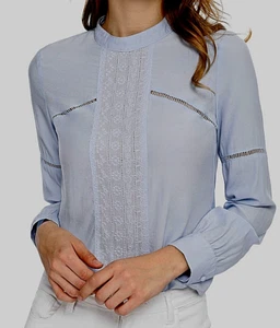 WOMEN'S L ALLEGRA K CREW NECK FLORAL EMBROIDERED BOHO PEASANT BLOUSE, SKY BLUE - Picture 1 of 8