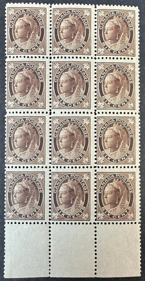 Canada, 1897, Scott #71, 6c brown, blk of 12, Mint, N.H., Scott $4,200.00+, Rare - Image 1 of 2