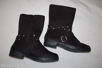 Mujer BOTAS DE MODA NEGRAS CON TACHUELAS Imitación Gamuza Hebilla ADJ 1" Tacón Cremallera Talla 8 Foto 1 de 3