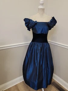 VTG'80s Rockabilly Formal Evening Velvet Dress/Blue Taffeta Iridescent/ - Picture 1 of 9