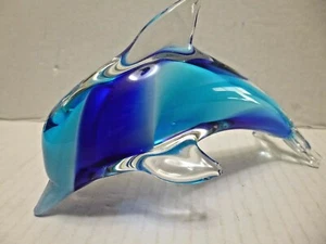 Art Glass Dolphin Aqua, Cobalt Blue Striped Hand Blown 6 in. long, paper weight - Picture 1 of 4