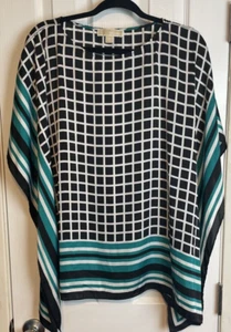 Michael Michael Kors S/M Black White Grid Print Poncho Top Blouse Teal Border - Picture 1 of 6