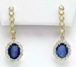Lab-Created Sapphire Oval Cut 2Ct 14k Yellow Gold Plated Drop/Dangle Earring - Picture 1 of 7