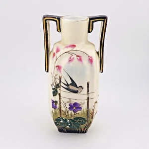 Antique Art Deco Porcelain Bud Vase Hand Painted Swallow Bird Flowers - Picture 1 of 14