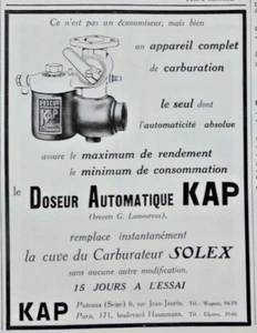 PUBLICITÉ DE PRESSE 1926 DOSEUR AUTOMATIQUE KAP CUVE DU CARBURATEUR SOLEX - Imagen 1 de 1