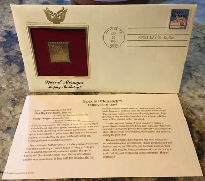 1987 USPS first day of issue Special Messages, Happy Birthday! 22kt gold stamp - Image 1 of 4