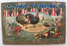 Vintage Turkeys, Fruit, Patriotic Flag Thanksgiving Embossed Germany postcard,pc