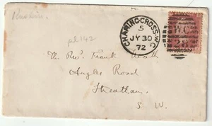1872 CHARING CROSS WC28 DUPLEX V.SCARCE 1d PLATE 142 CAT £30 OFF COVER STREATHAM - Picture 1 of 3