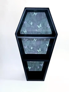 Custom Updated Sourpuss Black Wood Coffin Shelf with Butterfly Moth Foliage Back - Picture 1 of 9