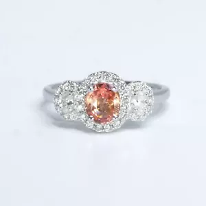 Padparadscha Sapphire Three Stone Halo Padparadscha and Diamond Three Stone Ring - Picture 1 of 7