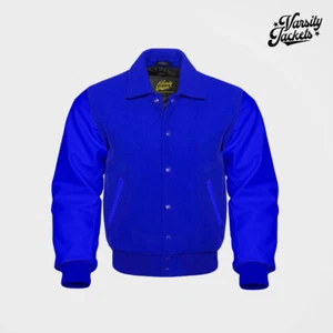 Royal Blue body Royal Blue Sleeves Premium Varsity Jacket Letterman Baseball - Picture 1 of 5