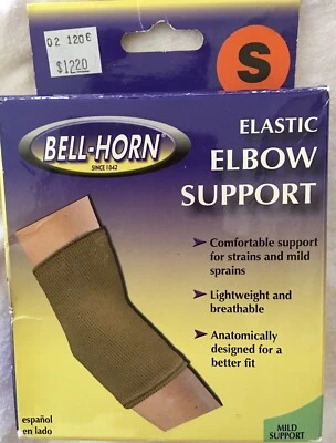 全新带盒 Bell-Horn 弹性 ELBOW 压缩支持 适用于 Sprains,应变尺寸 S — 第 1/4 张图片