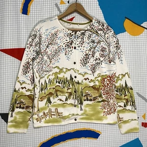 Vintage House Cottage Nature Cardigan Sweater Medium Scenery Forest Y2K Does 50s - Picture 1 of 11