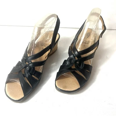 Spring Step Sandals Black Leather Cork Heel Sling Back Women Sz EU 42 US 11.5-12 - Image 1 of 4