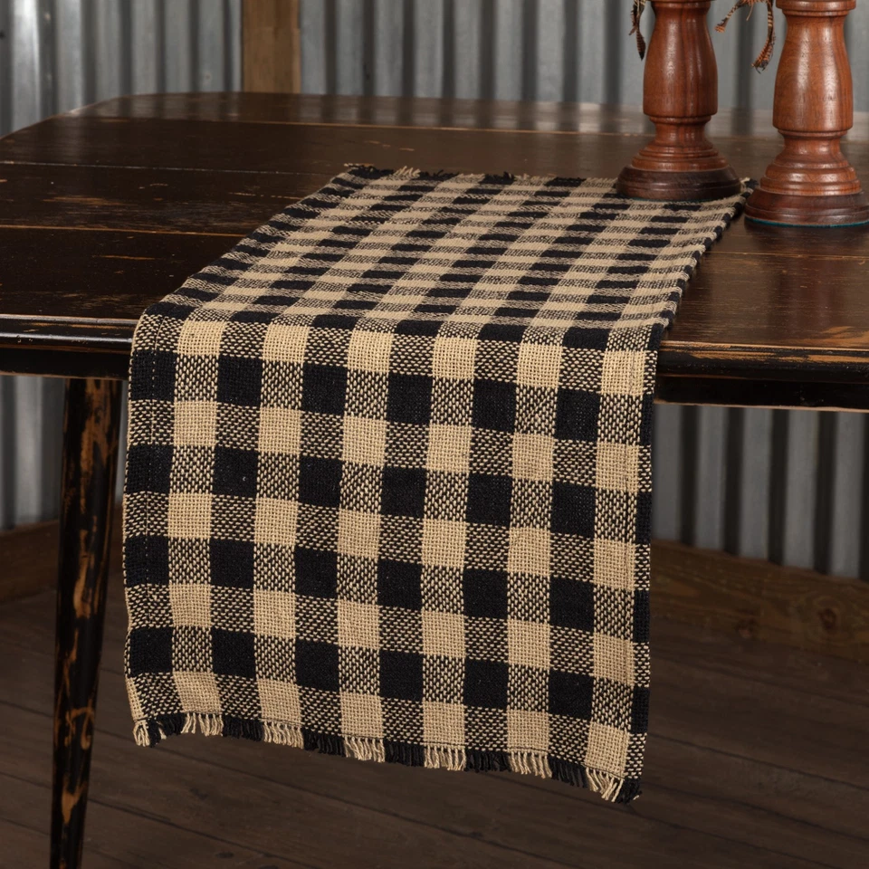 Table Runner 13x48 Burlap Black Check by VHC Brands Thin Light-weight