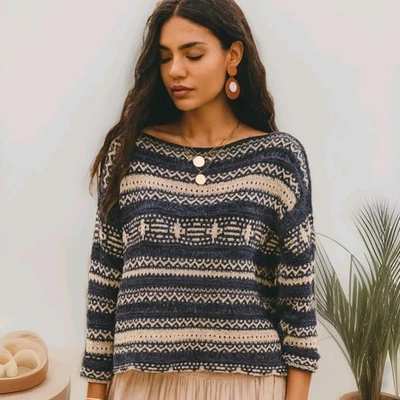 Lauren Ralph Lauren Crochet Sweater Blue & Beige Striped Cotton Linen Size PL - Image 1 of 4