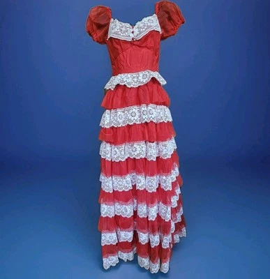 Vestido de graduación vintage rojo con encaje blanco para niños talla 7 hecho en EE. UU. LEER para... Foto 1 de 4