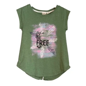 Roxy T-Shirt Girls 8 (Small) Green with Pink Feathers "Let's Be Free" Open Back - Picture 1 of 5