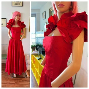 🍒 Vtg 80s Cherry Red Puff Shoulder Shiny Satin Party Prom Dress S M - Picture 1 of 6