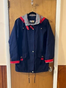 Vintage 90s Current Seen Women's Navy Blue Plaid Trim Lined Hooded Jacket Medium - Picture 1 of 12
