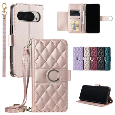 Grid Leather Card Wallet Strap Cover Case For Google Pixel 9A 8A 7A 8 7 9 Pro XL - Image 1 of 4