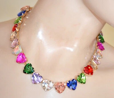 Collana donna oro dorati cuori cristalli multicolore girocollo collier UW70 - Immagine 1 di 3