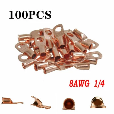 100Pcs 8AWG 1/4" Gauge Wire Battery Ring Lug Copper Connector Car Audio Terminal - Image 1 of 4