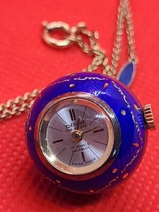 Montre DÉESSE boule pendentif Argent massif 925 pl or Vermeil émaillée bleue  - Imagen 1 de 18