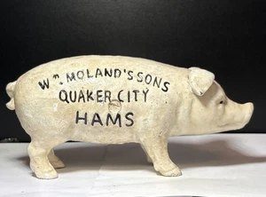 Wm. Moland's Sons Quaker City Hams White Pig Cast Iron Coin Piggy Bank - Picture 1 of 7