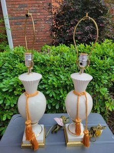 Bombay Ivory Ceramic And Gold Brass Base Table Lamp 25" Pair Org Tassels - Picture 1 of 4