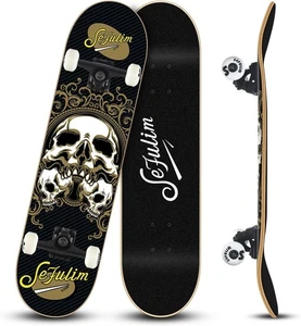 Sefulim Skull Skateboard komplett 31x8 Zoll Double Kick Trick Skateboard - Bild 1 von 7