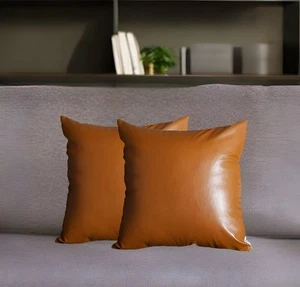 Set of Two 17" Brown Faux Leather Throw Pillow Covers - Picture 1 of 5