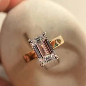 4 Ct White Emerald Cut Moissanite Wide Band Engagement Ring Solid 14K Rose Gold - Picture 1 of 9